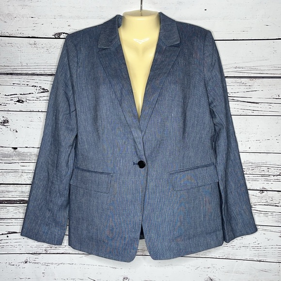 LOFT Ann Taylor NWT Size 14 Blue/White Linen Blend Notch Collar Blazer Jacket - Picture 1 of 3